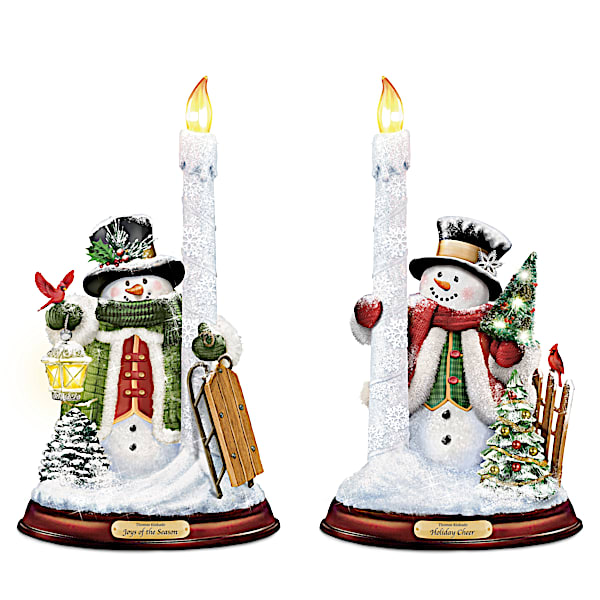 Thomas Kinkade All Is Bright Illuminated Snowman Candleholder Set