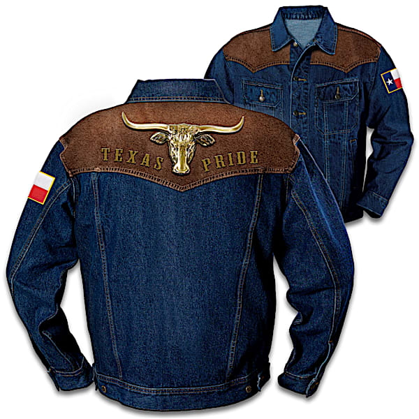 Texas Pride Men's Denim Jacket With Longhorn Applique