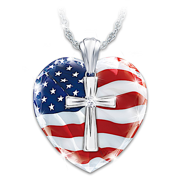 God Bless America Women's Heart-Shaped Diamond Pendant Necklace