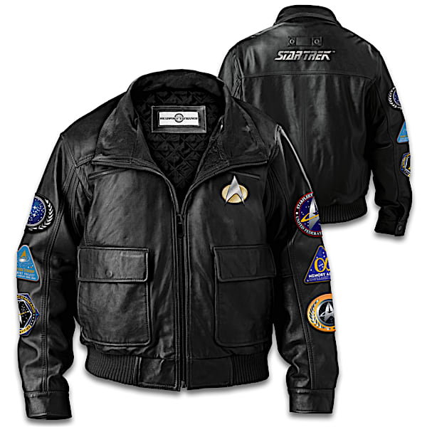 STAR TREK Men's Black Leather Jacket With Themed Patches