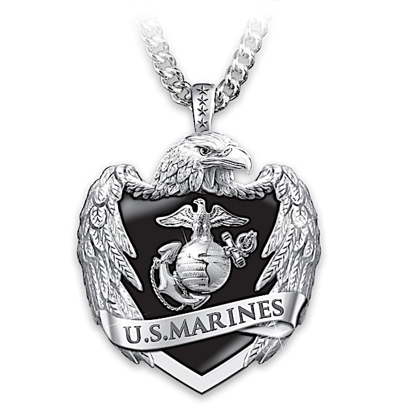 USMC Men's Stainless Steel Eagle Shield Pendant Necklace