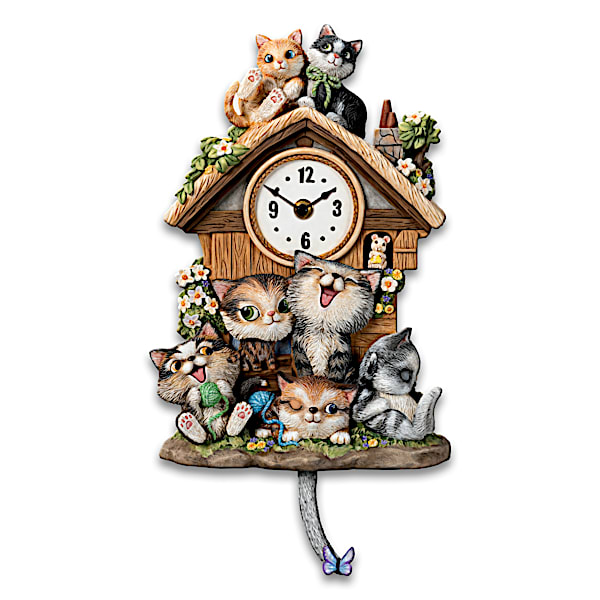 Frolicking Felines Fully Sculpted Hand-Painted Cat-Themed Cuckoo Clock