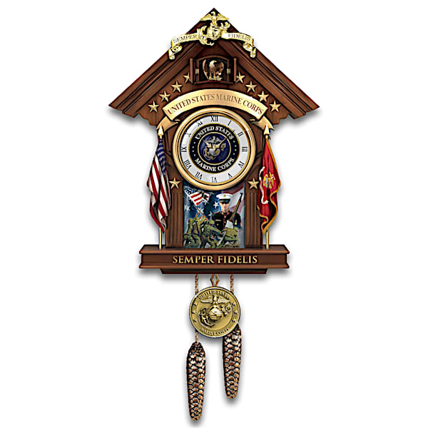 USMC Semper Fi Fully Sculpted Cuckoo Clock With Mahogany Finish
