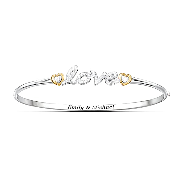 Together In Love Personalized Bangle Bracelet With Heart-Shaped Crystals - Personalized Jewelry