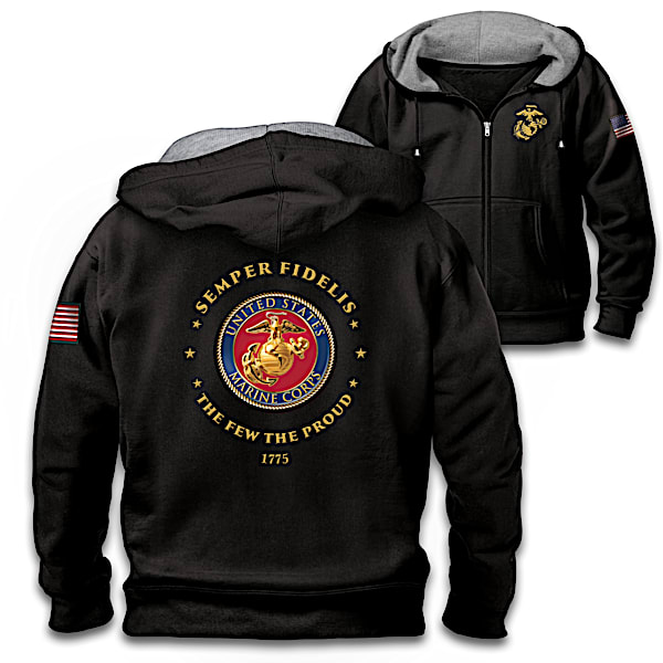 Proud To Serve U.S. Marines Men's Black Knit Fleece Front-Zip Hoodie
