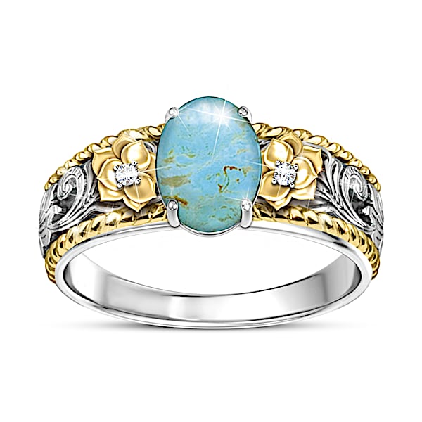Western-Style Genuine Turquoise And Diamond Women's Ring