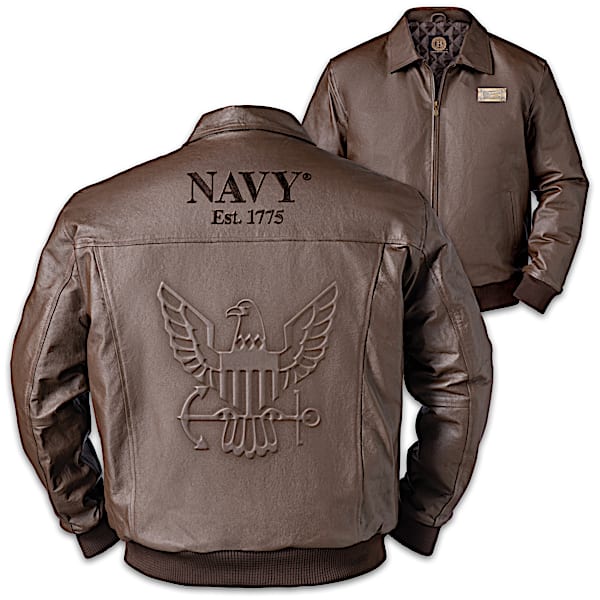 U.S. Navy Embossed Leather Jacket With Metal Flag Plaque