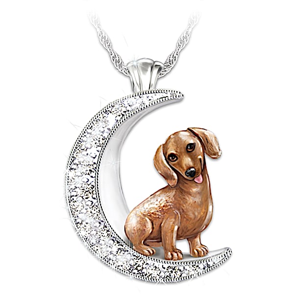 Dachshund Pup Swarovski Crystal Moon Pendant Necklace