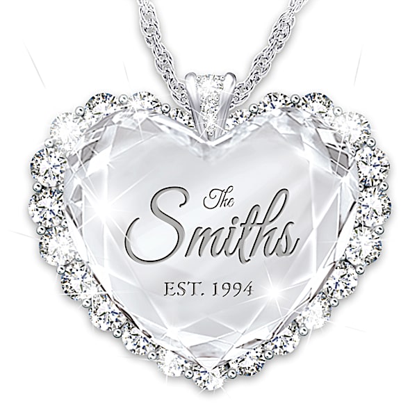 Established In Love Personalized Sterling-Silver Plated Pendant Necklace Featuring A Faceted Crystal Heart Adorned With Over 2 D