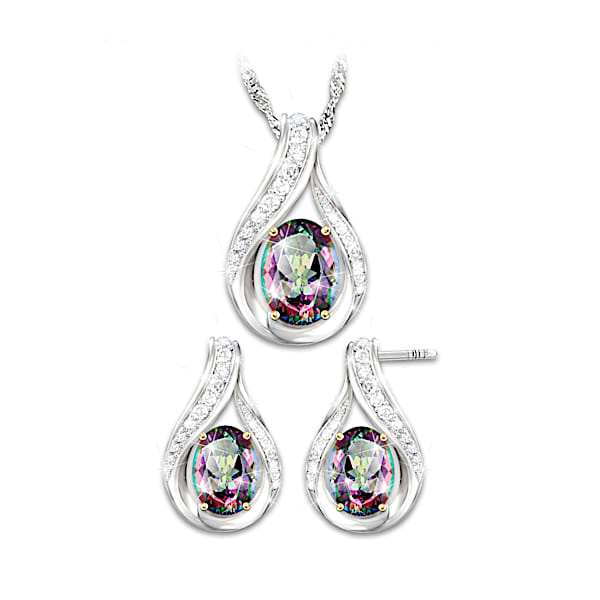 Necklace And Earrings Set With 3 Carats Of Mystic Topaz