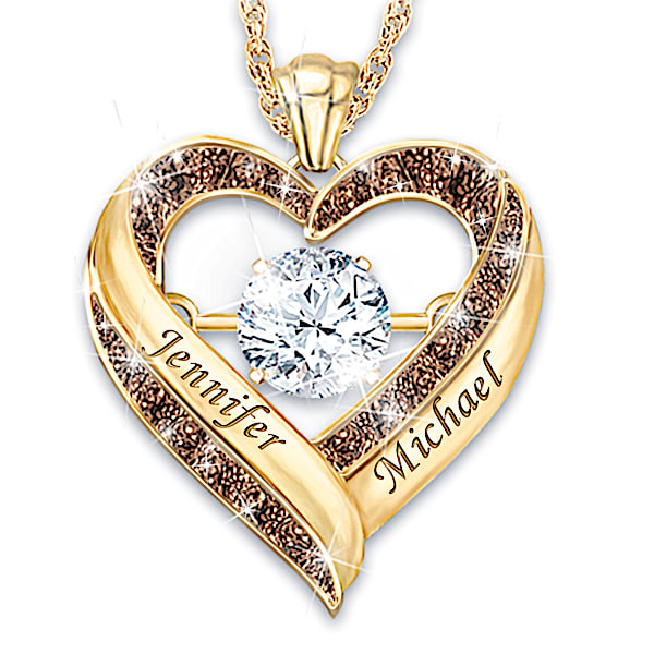 Endless Love Personalized Women's Heart-Shaped White Topaz & Mocha Diamond Pendant Necklace Featuring Constant Motion Setting -