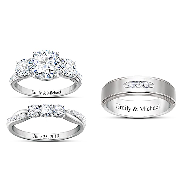 Infinite Love Personalized Sterling Silver Wedding Ring Set Featuring Simulated Diamonds & Platinum Plating - Personalized Jewel