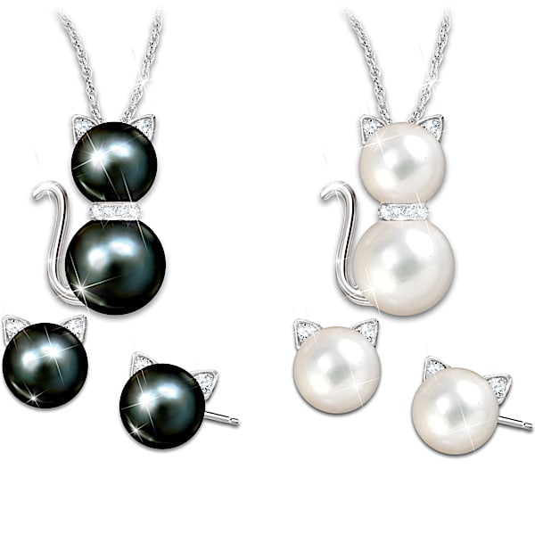 Cat Cultured Pearl Necklace And Earrings: Choose Your Color