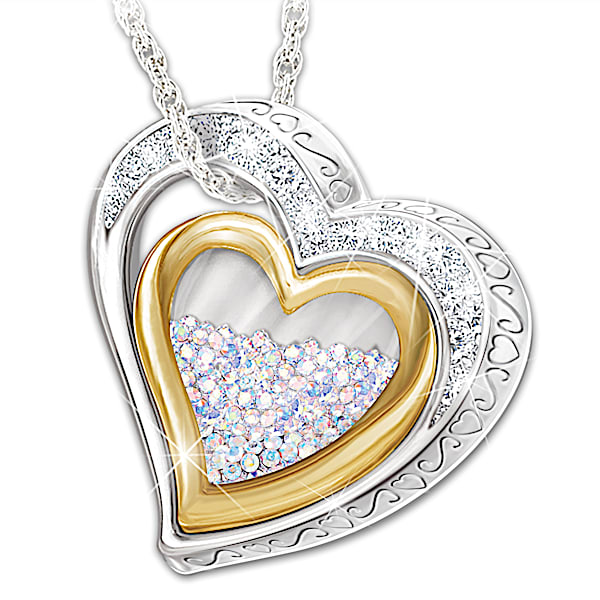 Women's Personalized Heart-Shaped Necklace With 365 Free-Floating Aurora Borealis Crystals & 18K Gold-Plated Accents - Personali