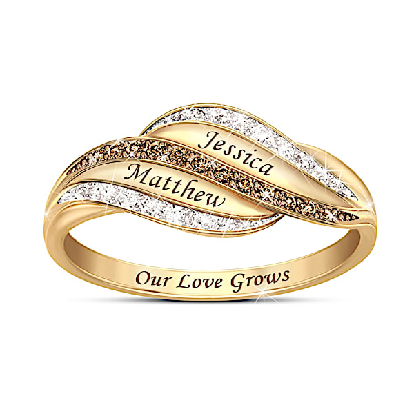 Our Love Grows Forever Women's Personalized White & Mocha Diamond Ring With 18K Gold-Plating - Personalized Jewelry