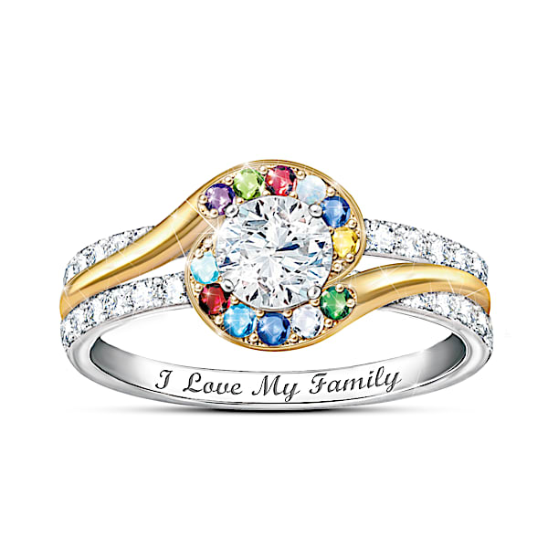 Real Love Of Family Women's Personalized Birthstone Ring Featuring A White Topaz Center Stone With 18K Gold-Plated Accents - Per