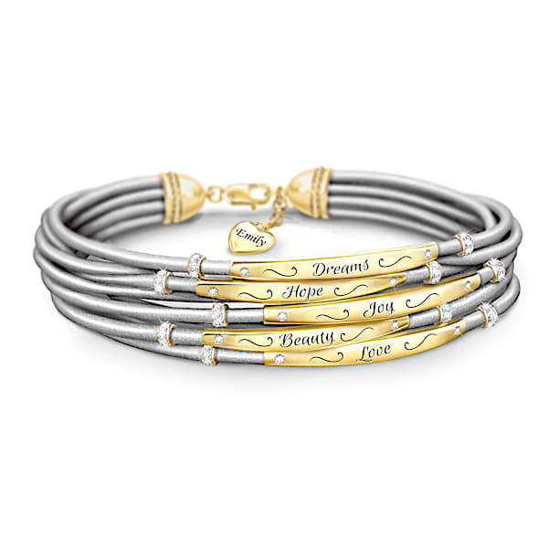 My Wonderful Daughter Multi-Strand Leather Bracelet Adorned With Gold-Tone Beads Engraved With Inspirational Words And Personali