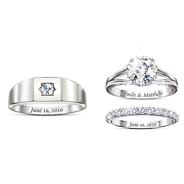 Our Love Is Written In The Stars Personalized Platinum Plated Wedding Ring Set Featuring Over 5 Carats Of Simulated Stones - Per