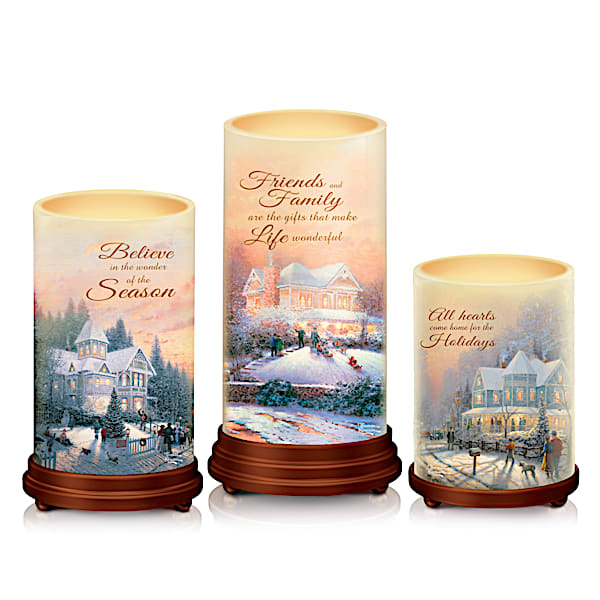 Thomas Kinkade Pillars Of Light Waxed Flameless Candle Set