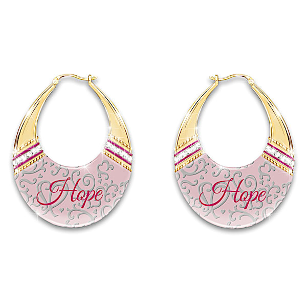 Hope Breast Cancer Awareness Hoop Earrings With Crystals
