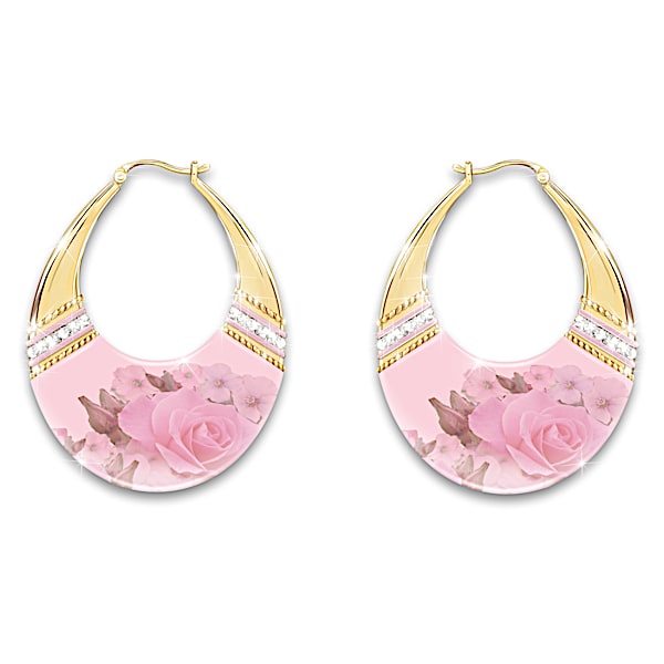 Blush Of Beauty Hoop Earrings With Rose Art And Crystals