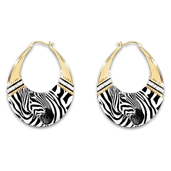 Hoop Earrings With Zebra Print Art And 12 Crystals