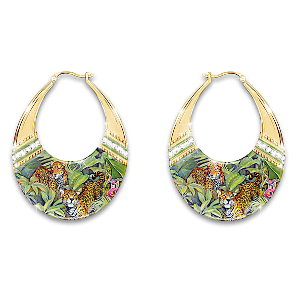 Jaguar Hoop Earrings With Jungle Art And Crystals