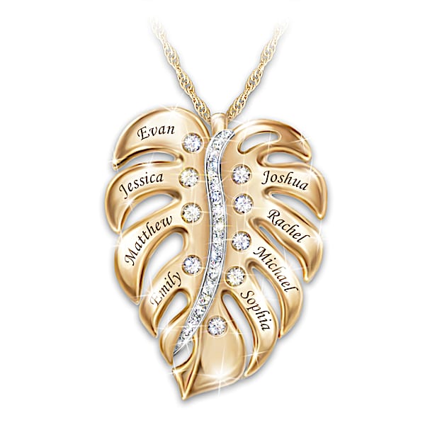 Personalized 18K-Gold Plated Pendant Featuring A Monstera Leaf Design Adorned With 9 Diamonds And Engraved With Up To 8 Names -