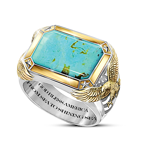 God Bless America Patriotic Genuine Turquoise Men's Ring