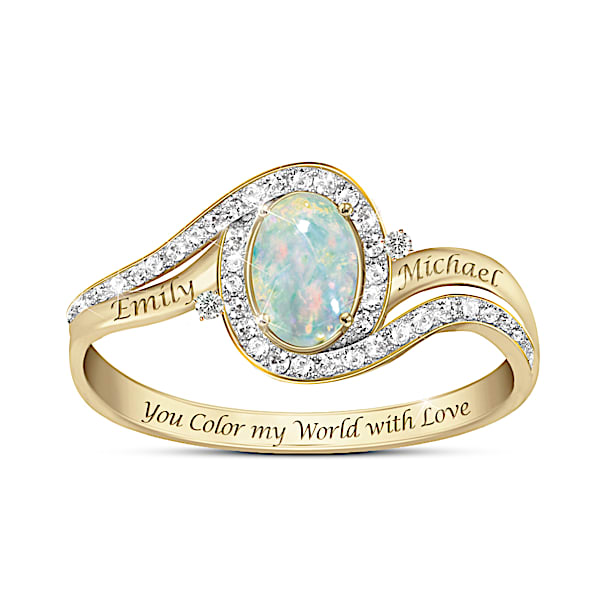 18K Gold-Plated Ring With An Opal Center Stone And 44 Diamond Accents Personalized With 2 Names - Personalized Jewelry