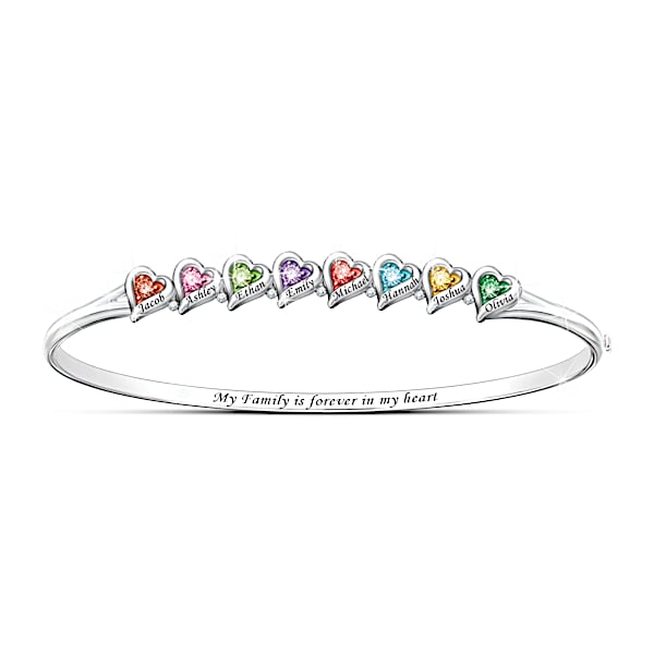 Our Family Of Love Platinum Plated Bangle-Style Bracelet Personalized 2 Ways With Up To 8 Names And 8 Heart-Shaped Crystal Birth
