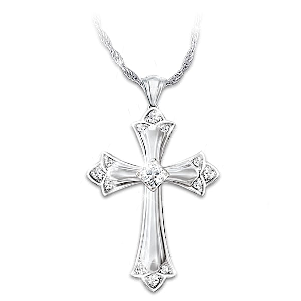 Cross Pendant Necklace With Genuine Diamonds And White Topaz