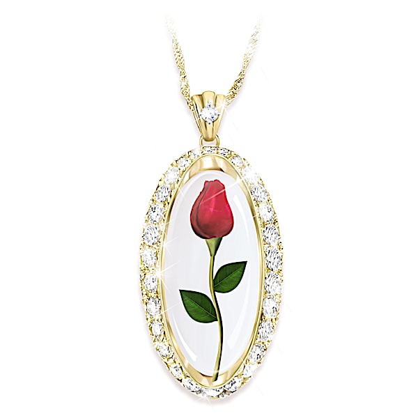 Forever Rose Of Love Women's Personalized 18K Gold-Plated Pendant Necklace Featuring A Real Preserved Rosebud & Adorned With 20