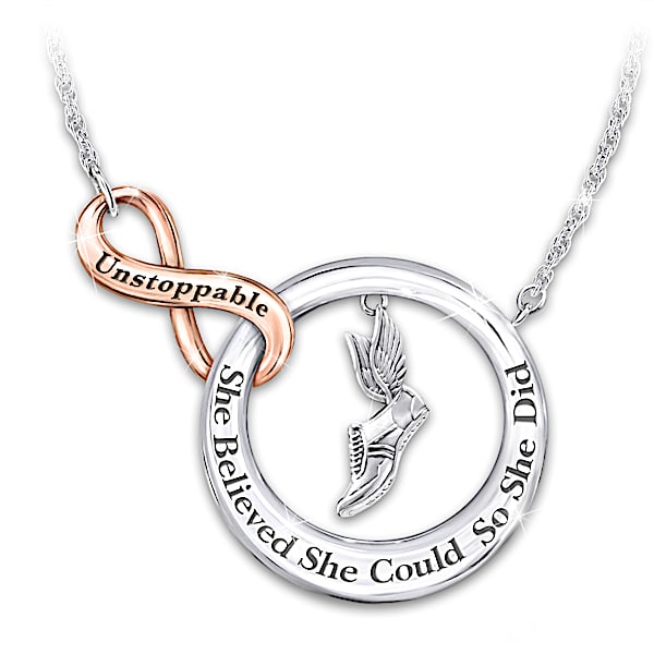 Sole Of A Runner Pendant Necklace Featuring A Personalized Copper Infinity Symbol Attached To A Circle Charm With A Sculpted Win