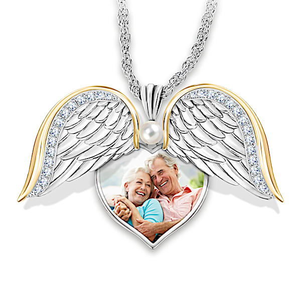 Always In My Heart Women's Personalized Photo Upload Heart-Shaped Pendant Necklace Featuring A Locket Design With Swinging Angel