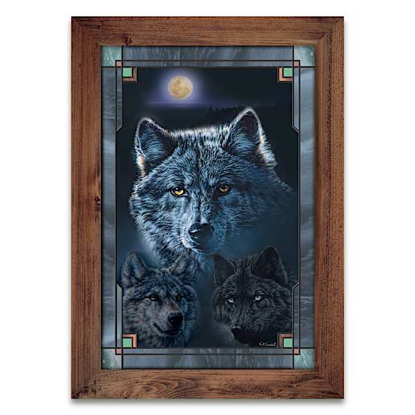 Illuminated Vivi Crandall Wolf Art Stained Glass Wall Decor