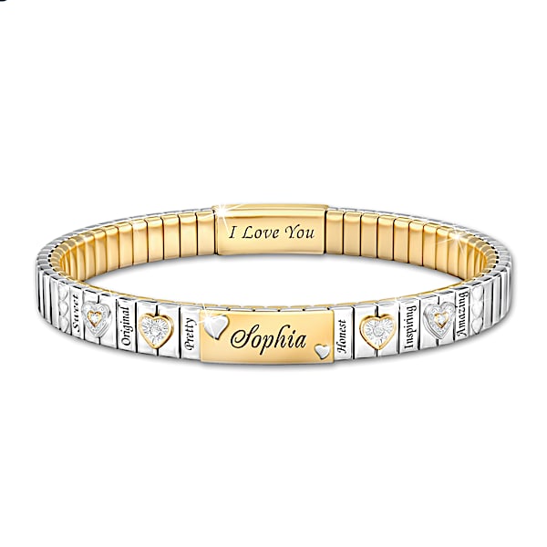 I Love You, My Granddaughter Stainless Steel Personalized Stretch-Style Bracelet With Crystals & 24K Gold Ion-Plated Accents - P