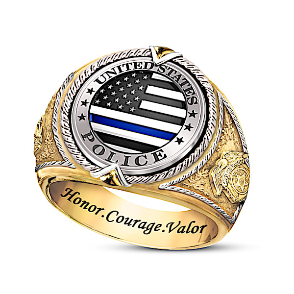 Police Officer Tribute Ring With Sculpted Thin Blue Line