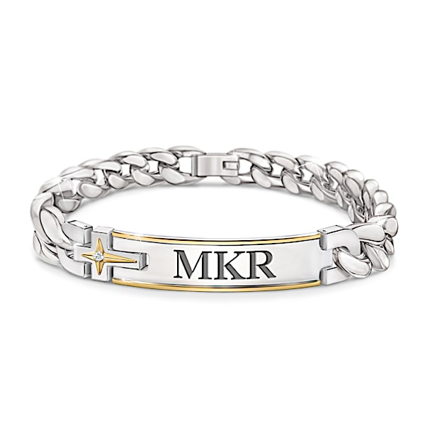 Strength Of Faith For My Grandson Stainless Steel Curb Link Bracelet Featuring A Personalized ID-Style Plate & Adorned With 24K