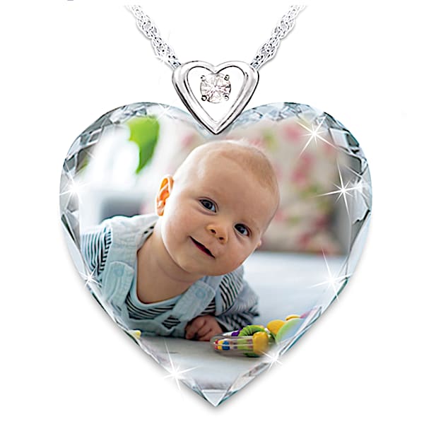 Picture Perfect Women's Personalized Photo Upload Diamond Pendant Necklace Featuring A Heart-Shaped Faceted Crystal & Diamond Ac
