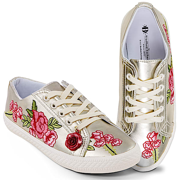 Rose In Bloom Embroidered Faux Leather Women's Sneakers