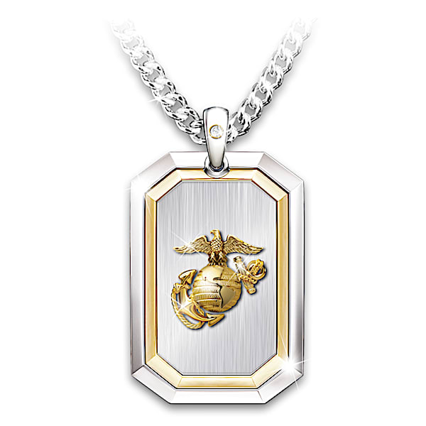 USMC Veteran Dog Tag Necklace With Diamond