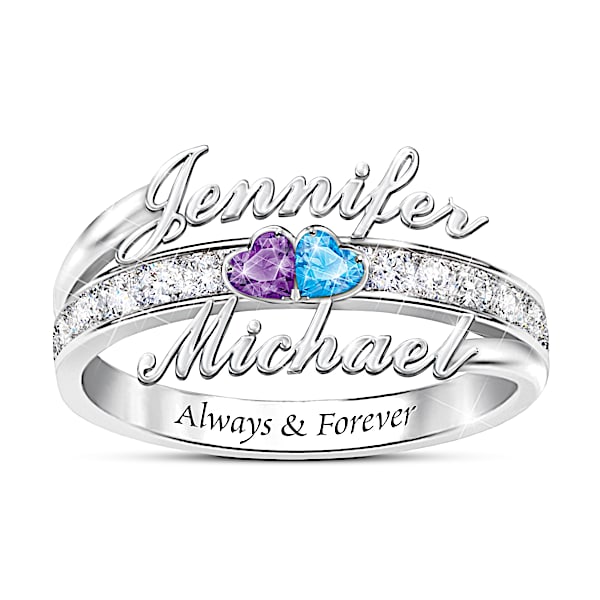 Forever Us Women's Personalized Sterling Silver Ring Featuring 2 Heart-Shaped Crystal Birthstones & A Band Adorned With A Pave O