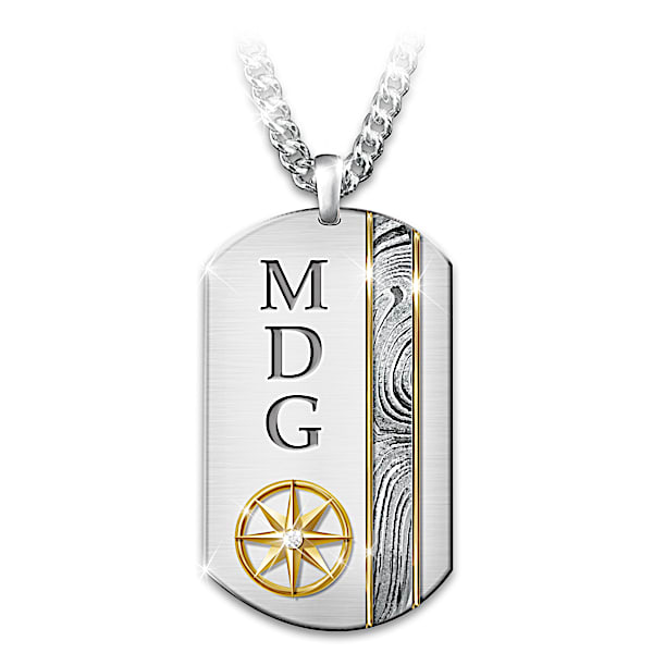 Son, Forge Your Own Path Damascus Steel Dog Tag Pendant Necklace With 24K Gold Ion-Plated Accents Personalized With Your Son's I