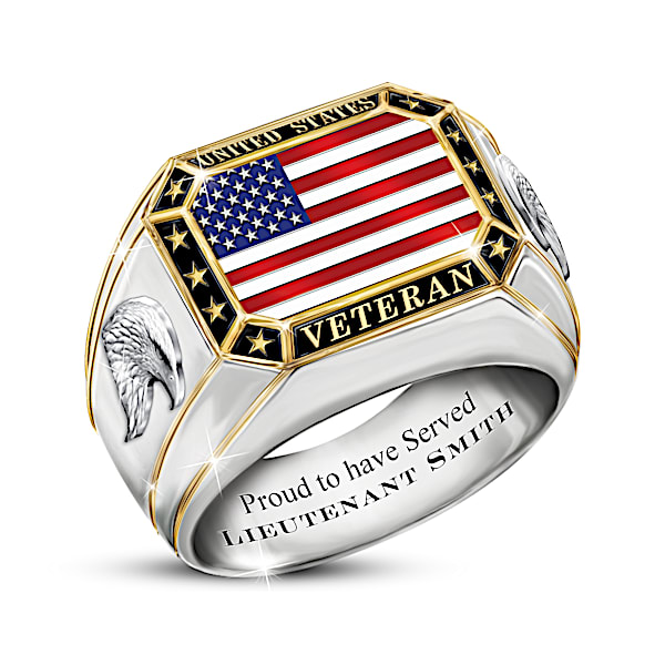 United States Veteran Men's Personalized Sterling Silver Ring With 18K Gold-Plated Accents Featuring A Patriotic American Flag &