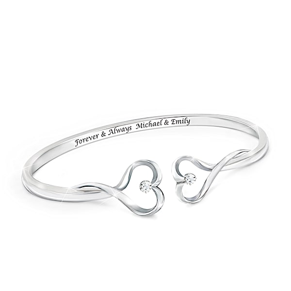 Forever & Always Sterling Silver Plated Personalized Bracelet Featuring An Open Bangle Design With 2 Sculpted Hearts Each Set Wi