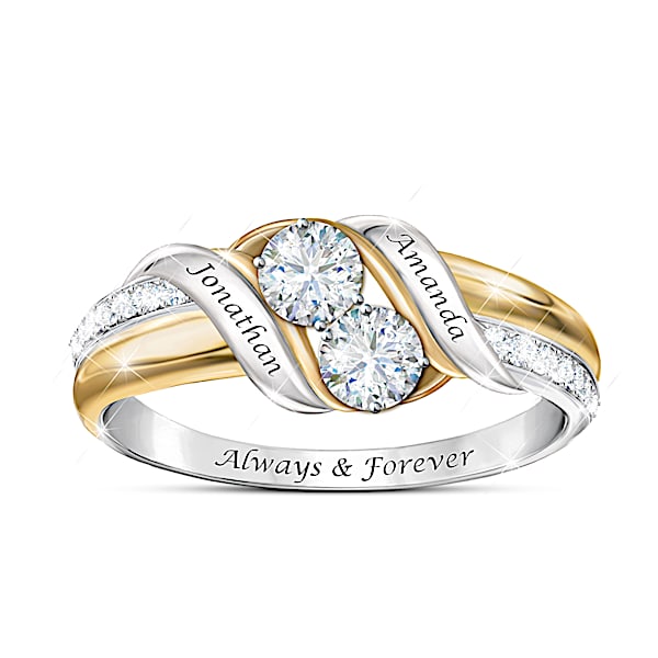 Loving Embrace Women's Personalized Sterling Silver Ring Featuring Over 1/2 Carat Of Moissanite & 18K Gold-Plated Accents - Pers