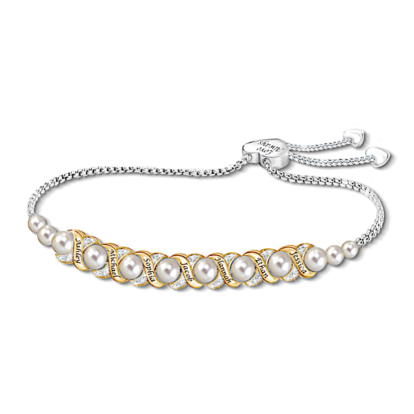All My Family Bolo Bracelet With 18K Gold-Plated Accents Adorned With 12 Shell Pearls And 28 Simulated Diamonds And Personalized