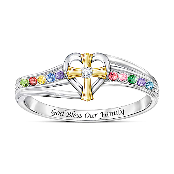 My Blessed Family Women's Sterling Silver Personalized Birthstone And Diamond Ring Featuring An 18K Gold-Plated Sculpted Religio