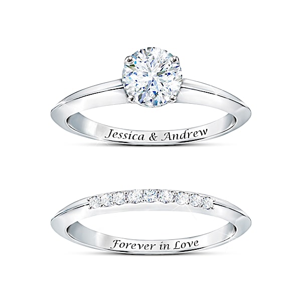 True Love Personalized Women's Platinum Plated Bridal Ring Set With 1 Engagement Ring & 1 Wedding Band Featuring Over 1 Carat Of